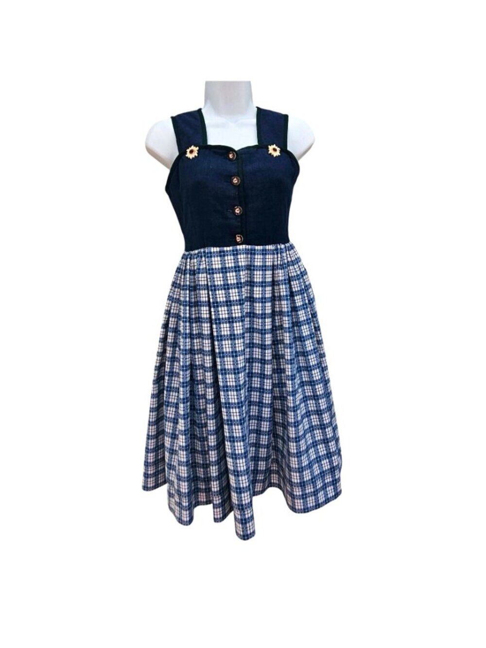Vintage 80s 90s Handmade Dirndl Dress Blue and White Cotton Polyester XXS - Picture 16 of 16